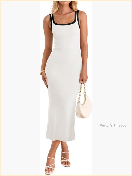 Dresses & Skirts - Sleeveless Square Neck Side Slit Knit Bodycon Midi Dress Summer Vacation Beach